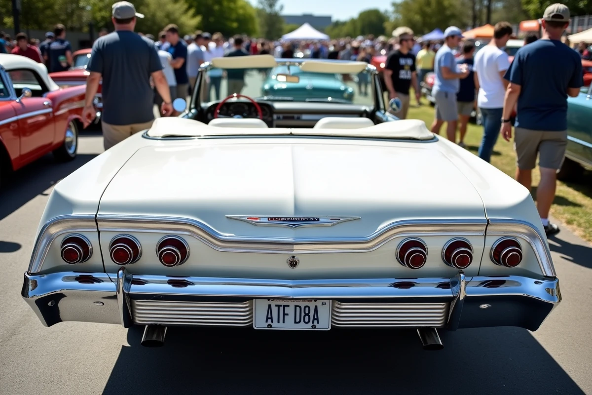 Chevrolet Impala 1963 cabriolet blanche exposée lors d'un rassemblement de voitures classiques américaines