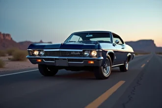 Chevrolet Impala SS 1967 bleu nuit garée sur une route désertique américaine, vue en angle trois quarts avant