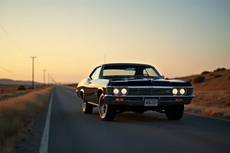 Réplique miniature de la Chevrolet Impala noire de la série Supernatural posée sur une route américaine déserte au crépuscule