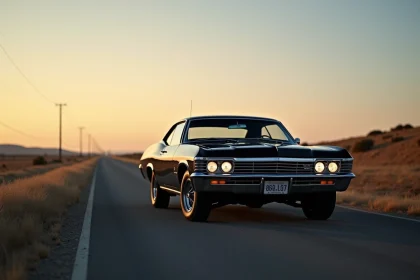 Réplique miniature de la Chevrolet Impala noire de la série Supernatural posée sur une route américaine déserte au crépuscule