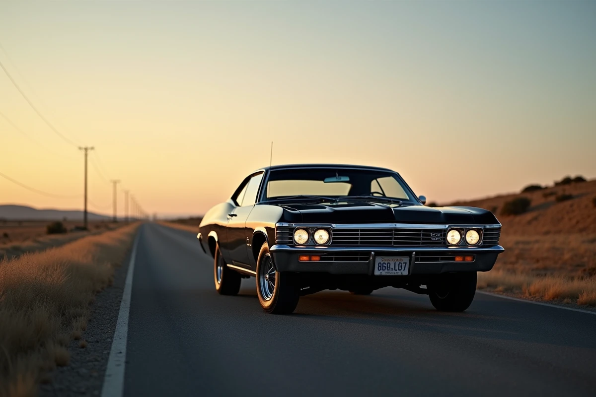 Réplique miniature de la Chevrolet Impala noire de la série Supernatural posée sur une route américaine déserte au crépuscule