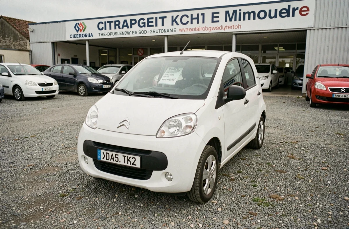 Citroën Ami blanche d'occasion dans un parking de concessionnaire avec étiquette de prix