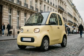 Citroën Ami d'occasion garée dans une rue pavée en France, vue en trois-quarts avant
