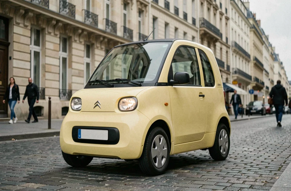 Citroën Ami d'occasion garée dans une rue pavée en France, vue en trois-quarts avant