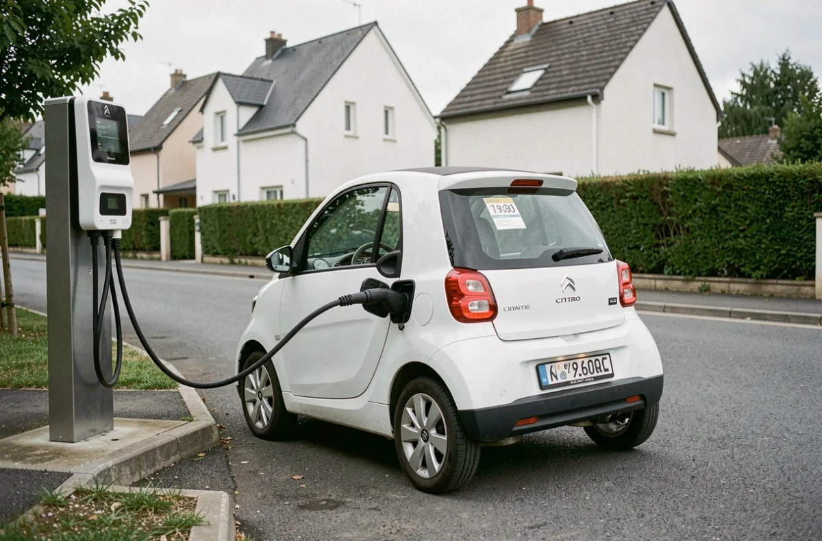 Citroën Ami en charge électrique devant une maison de banlieue française