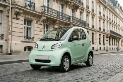 Citroën Ami sans permis garée dans une rue pavée parisienne, vue 3/4 avant