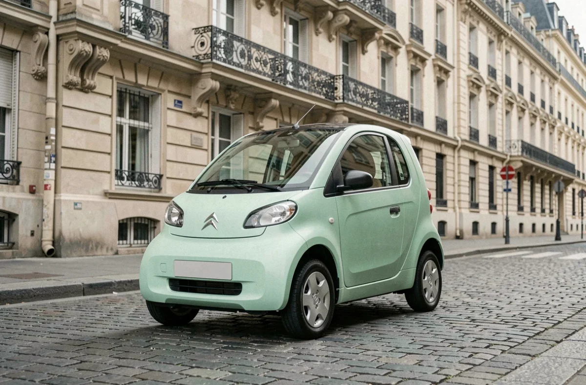 Citroën Ami sans permis garée dans une rue pavée parisienne, vue 3/4 avant