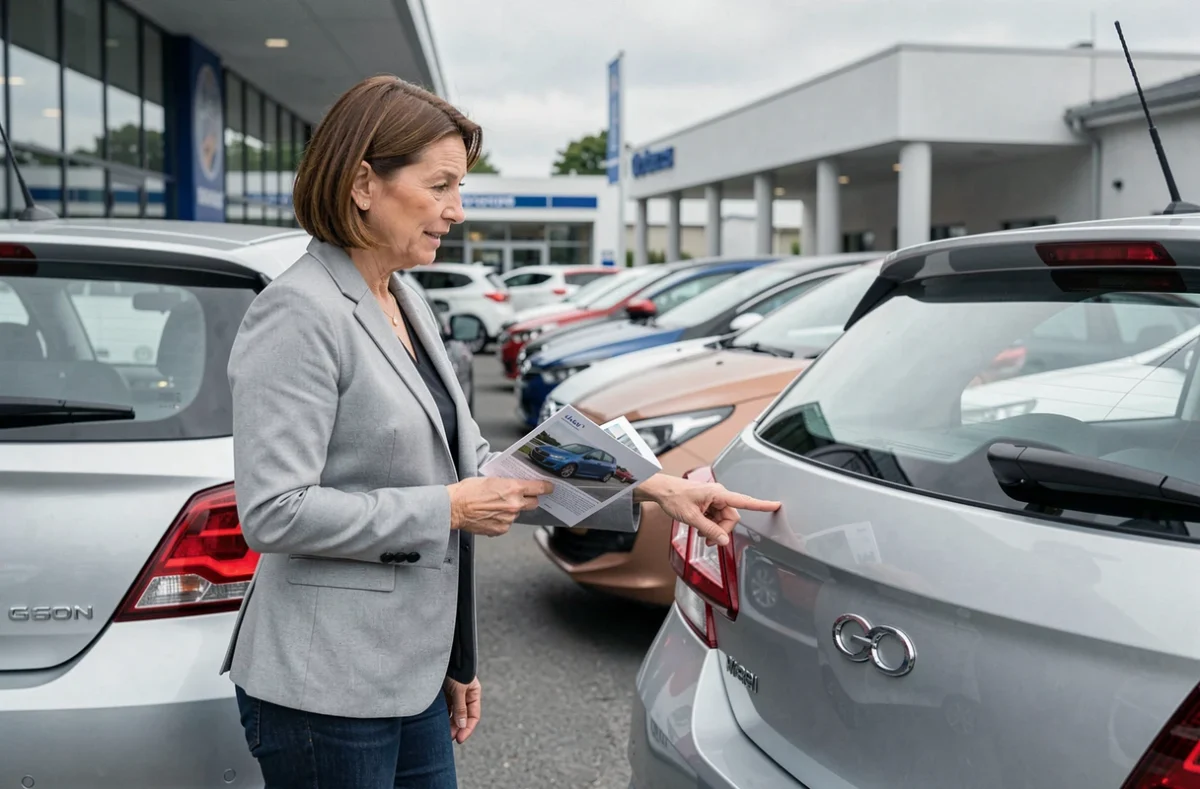Femme examinant le badge de puissance d'une voiture chez un concessionnaire automobile, interprétation des kW et CV sur fiche technique