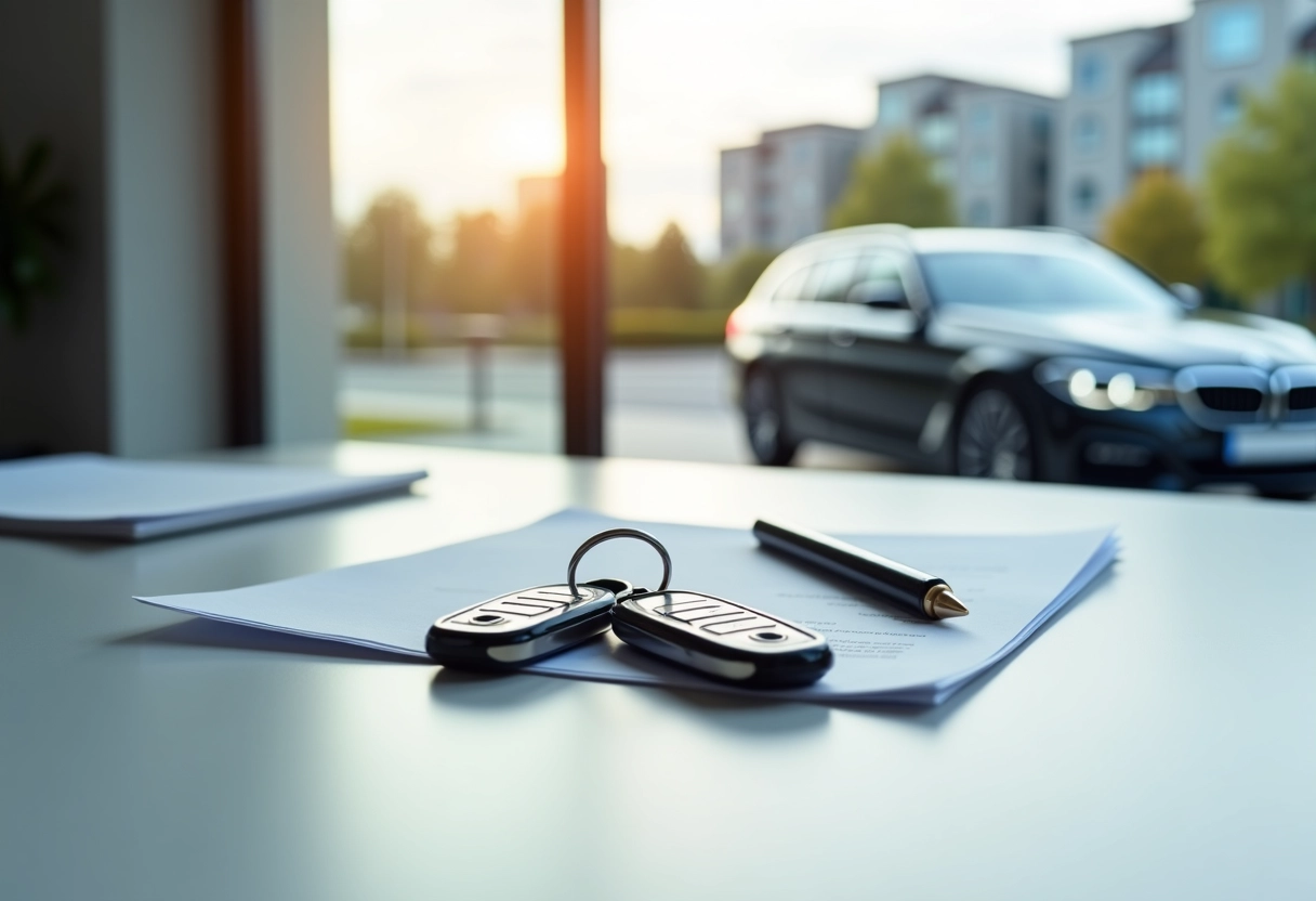 Jeux de clés BMW et documents de financement sur un bureau lumineux