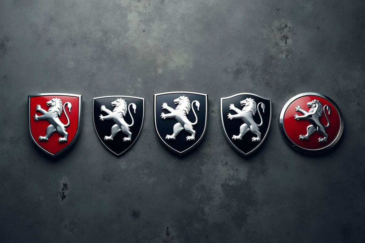 Collection de badges logo Peugeot de diff&eacute;rentes &eacute;poques en vue &agrave; plat montrant l'&eacute;volution des s&eacute;ries sp&eacute;ciales