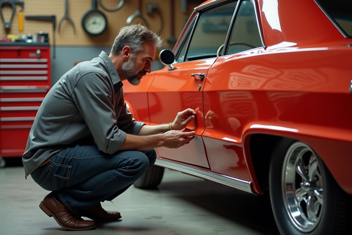 Collectionneur admirant une Chevrolet Impala 1964 rouge dans un garage atelier vintage