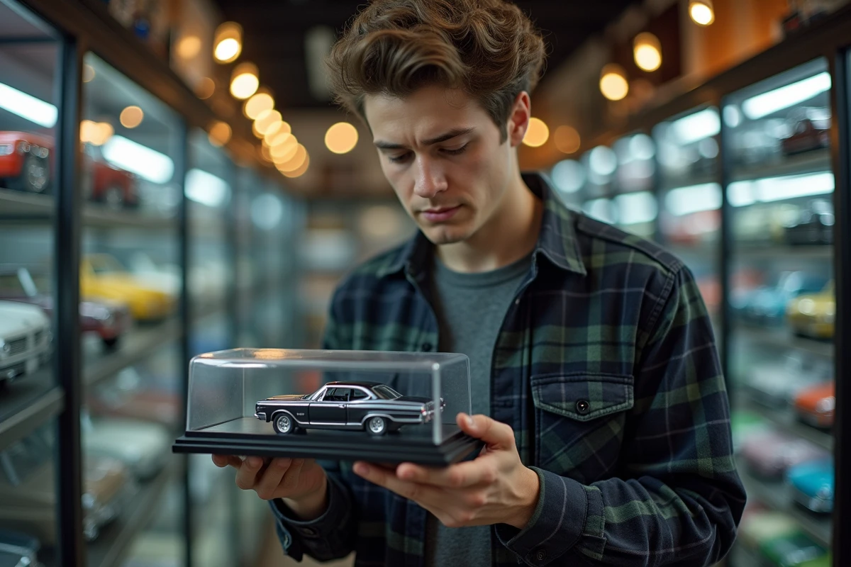 Jeune collectionneur examinant une miniature de la voiture Supernatural dans une boutique spécialisée en modèles réduits de films et séries télévisées