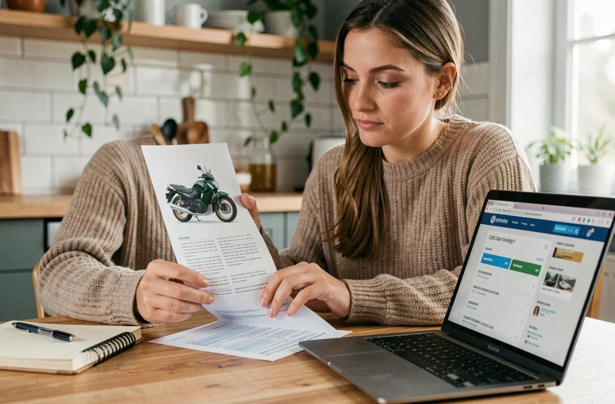 Femme comparant des offres d'assurance moto 125 cm3 à la maison avec documents et ordinateur portable
