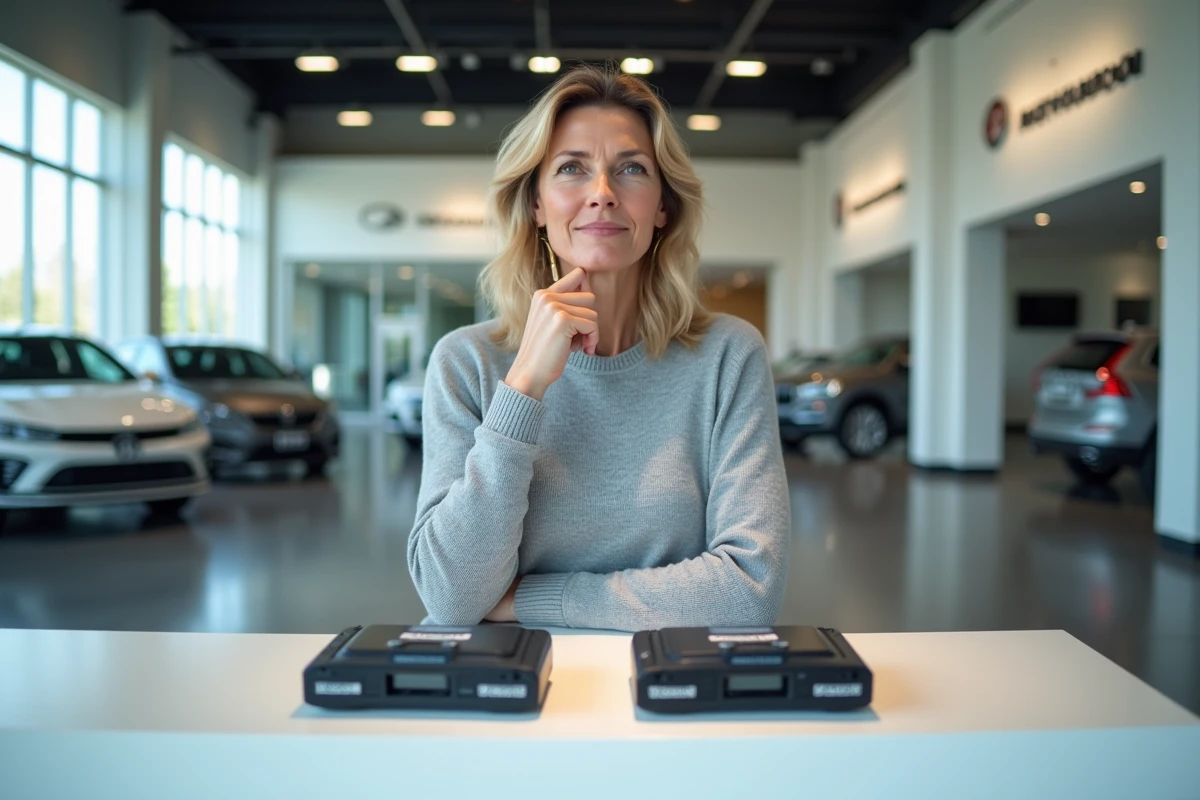 Femme comparant un boîtier DME reconditionné et un neuf dans une concession automobile moderne