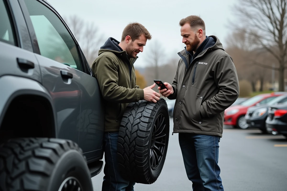 Deux hommes comparant les dimensions équivalentes de pneus pour un SUV dans un parking avec un outil de simulation sur smartphone