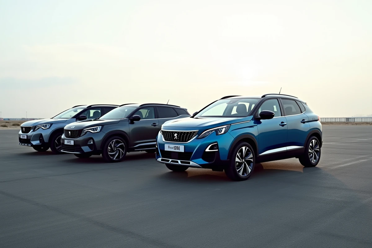 Comparatif SUV 2026 avec la Peugeot face à ses concurrents sur une piste d'essai, vue aérienne en formation diagonale
