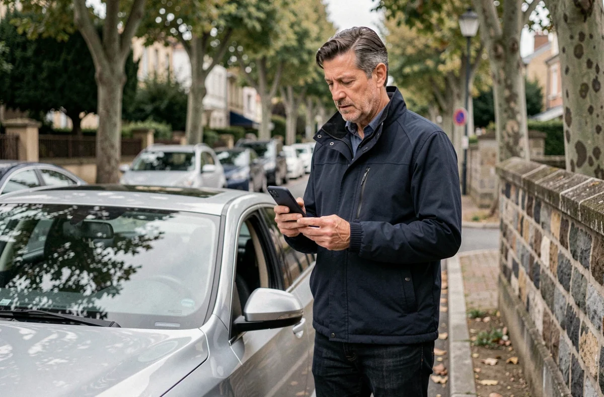 Homme comparant des offres d'assurance auto sur smartphone à côté de sa voiture