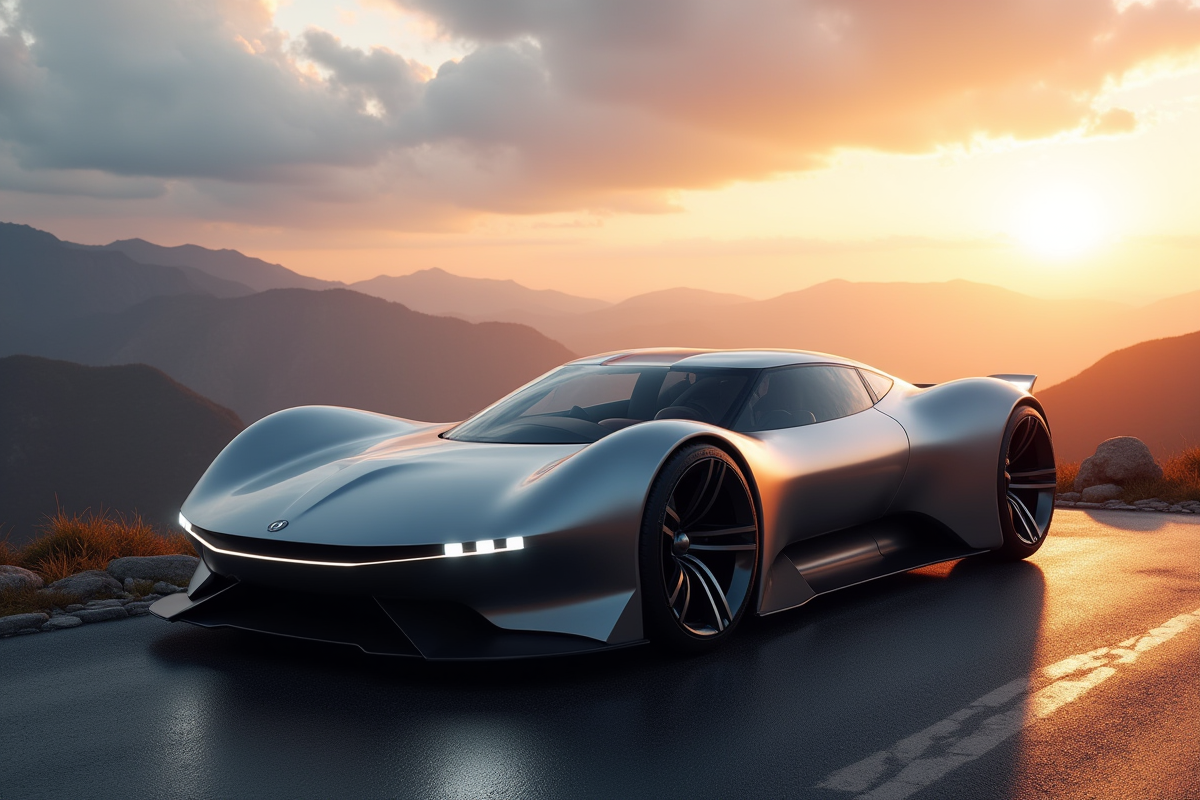 Voiture concept futuriste sur une route de montagne au lever du soleil
