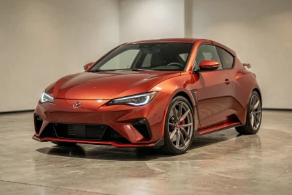 Concept moderne de compacte sportive inspiré de la Peugeot 205 GTI exposé dans un showroom épuré avec finitions rouges et jantes alliage