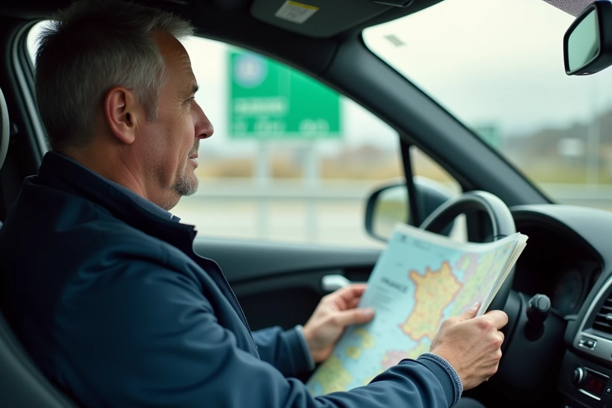Conducteur consultant une carte routière de France sur une autoroute lors d'une pause