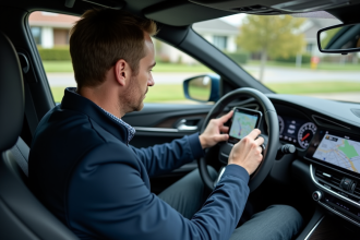 Homme au volant utilisant un GPS intégré dans la voiture