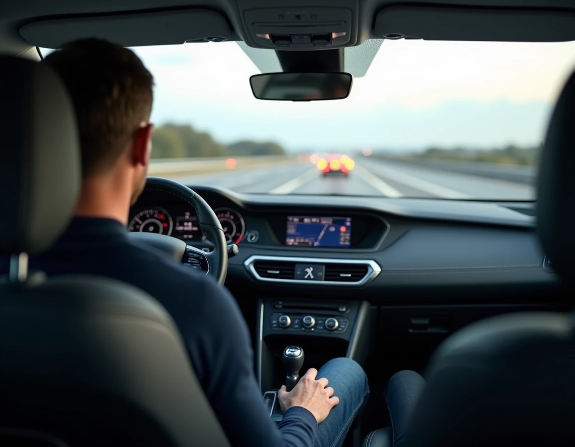 Conducteur expérimenté au volant d'une Peugeot 308, tableau de bord i-Cockpit numérique visible, intérieur moderne en cuir gris