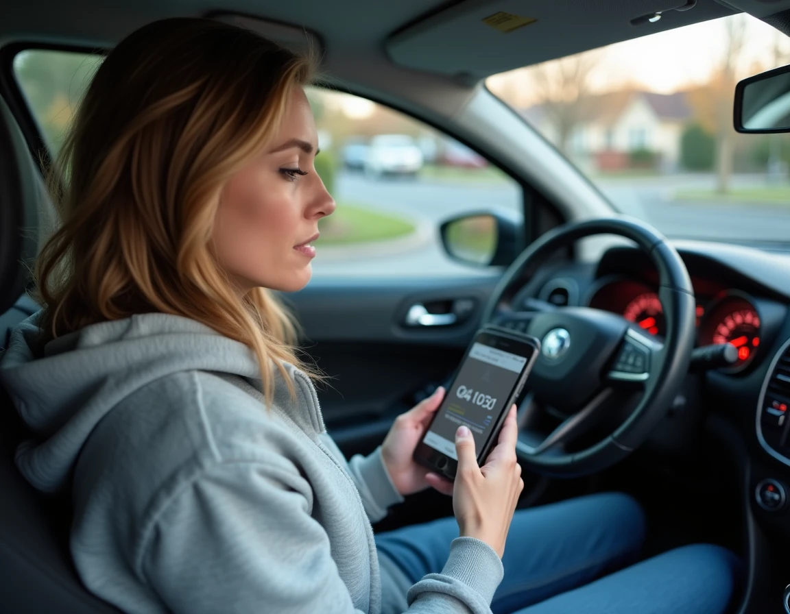 Femme en voiture consultant un code défaut DTC sur son smartphone avec voyant moteur allumé au tableau de bord