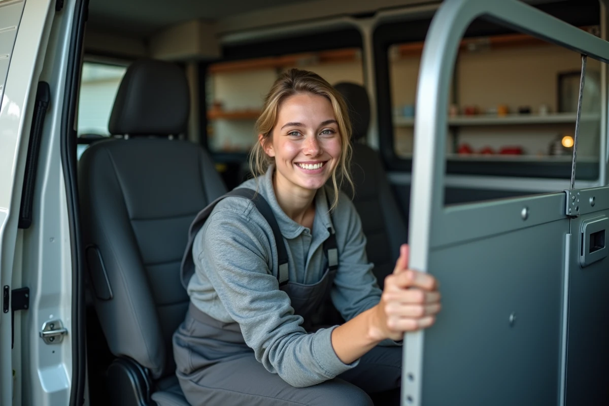 Jeune conductrice souriante ajuste une cloison de sécurité dans son véhicule