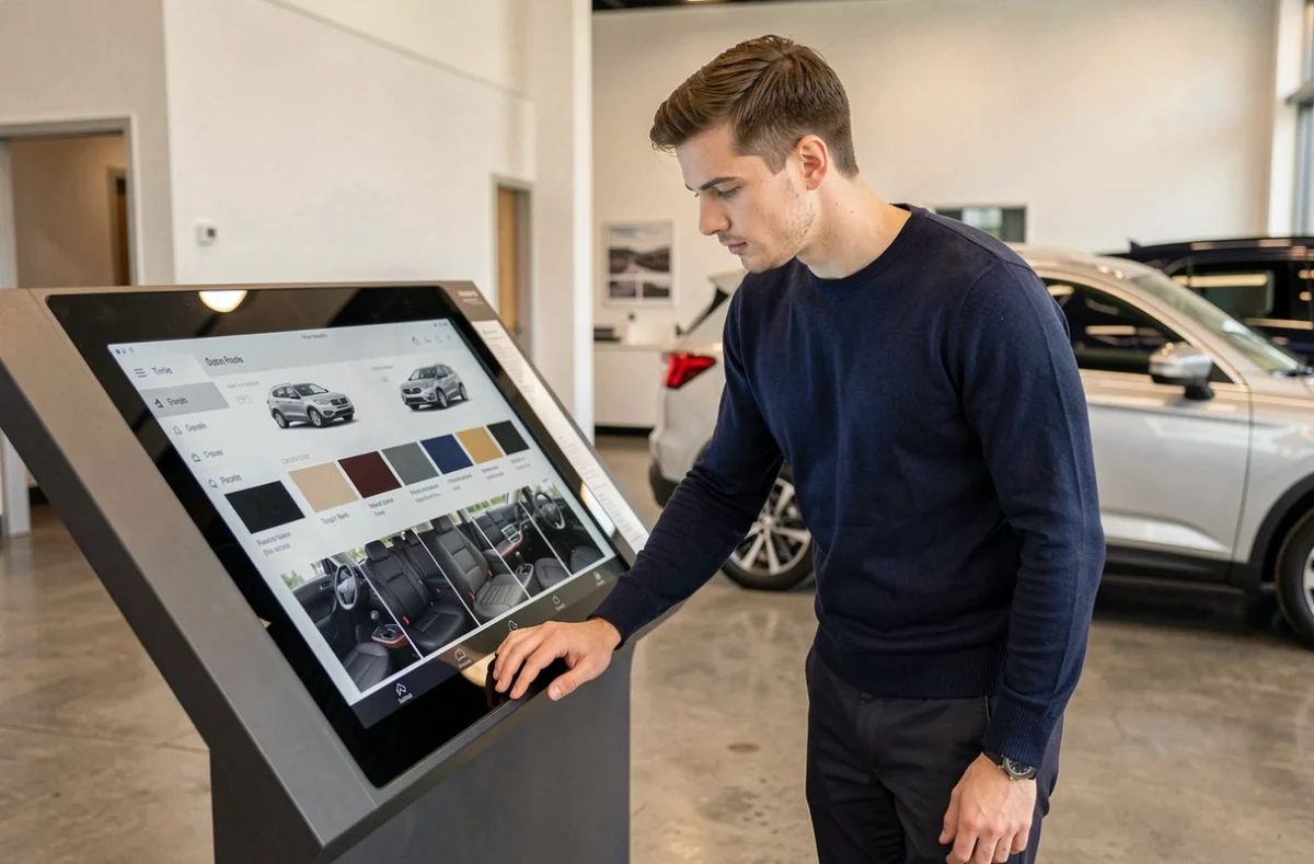 Homme configurant un SUV SEAT sur écran tactile dans une concession automobile moderne