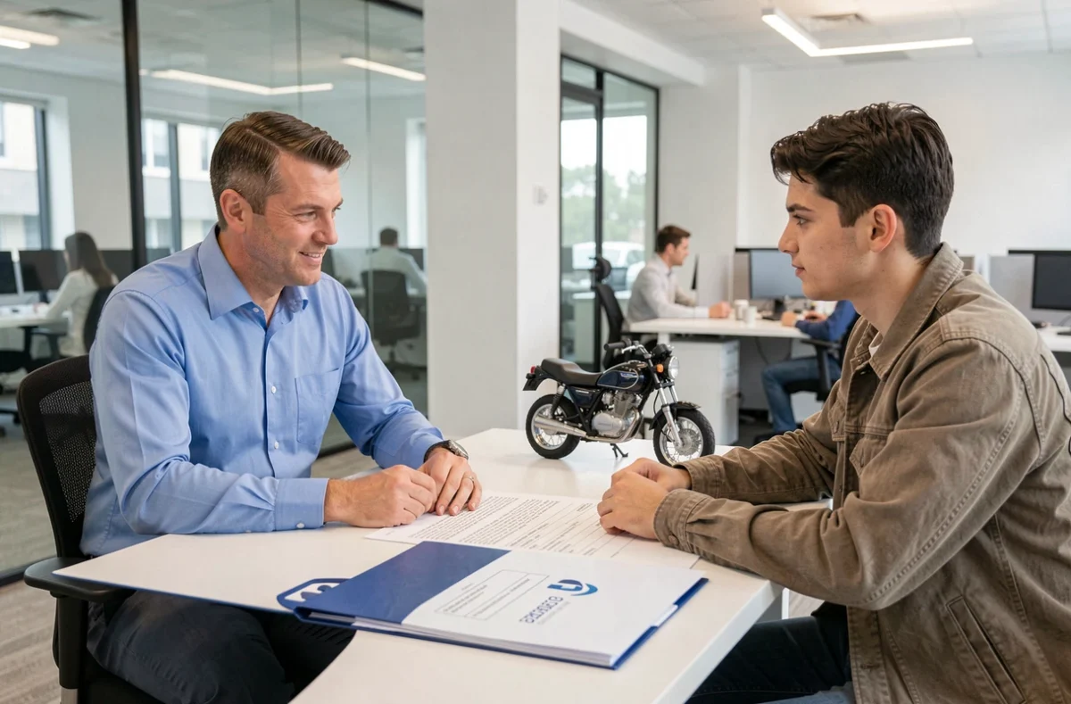 Conseiller en assurance expliquant le coût d'une assurance moto 125 cm3 à un client dans une agence