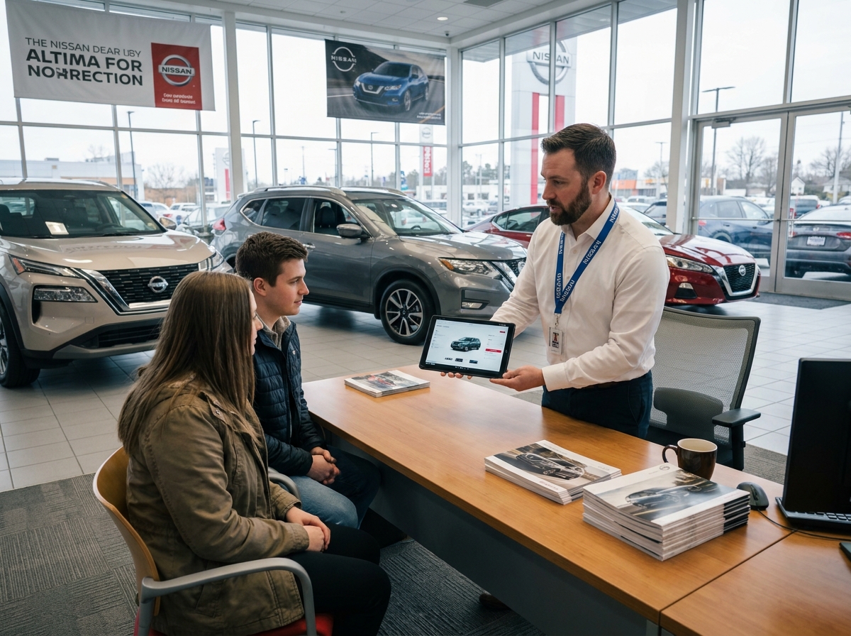Un conseiller de vente Nissan présente des options de véhicules à un couple dans l'espace de consultation d'une concession