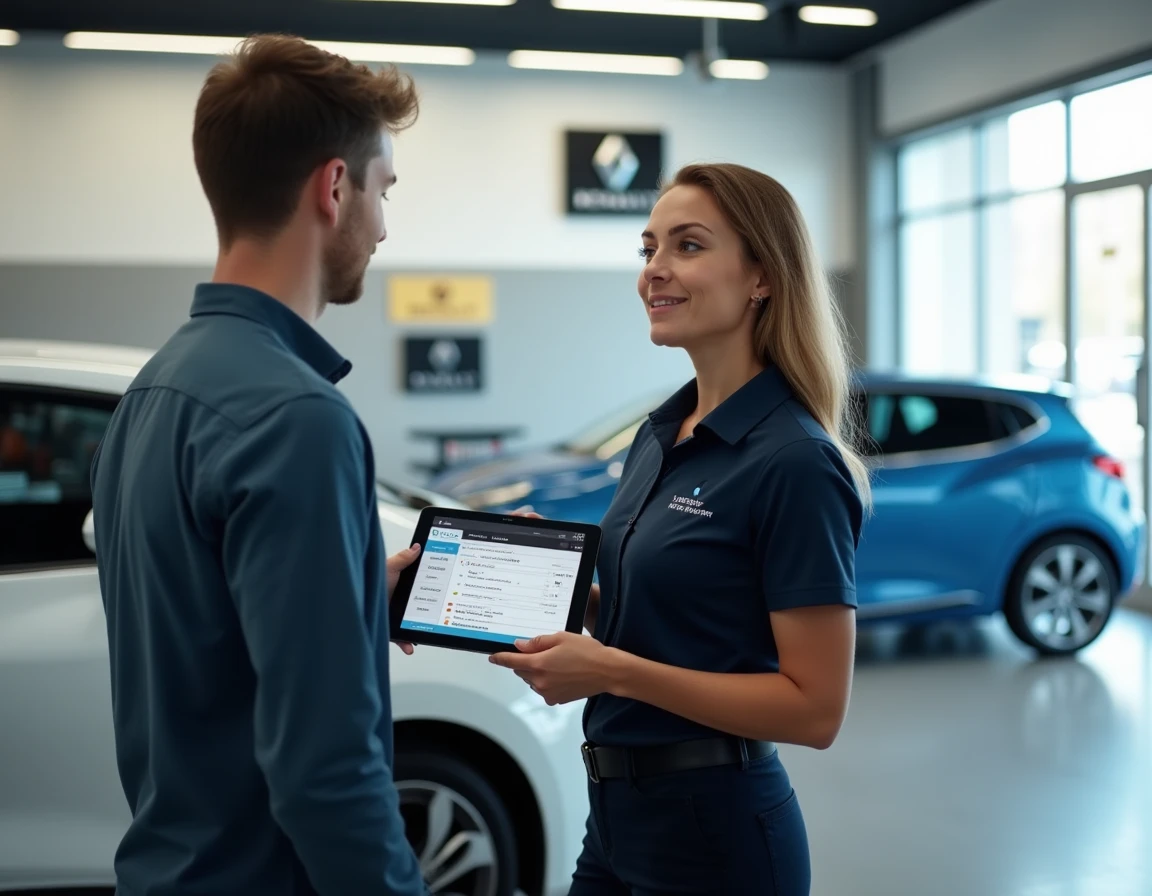 Conseillère après-vente Renault présentant les résultats de diagnostic New Dialogys à un client dans une réception de concession