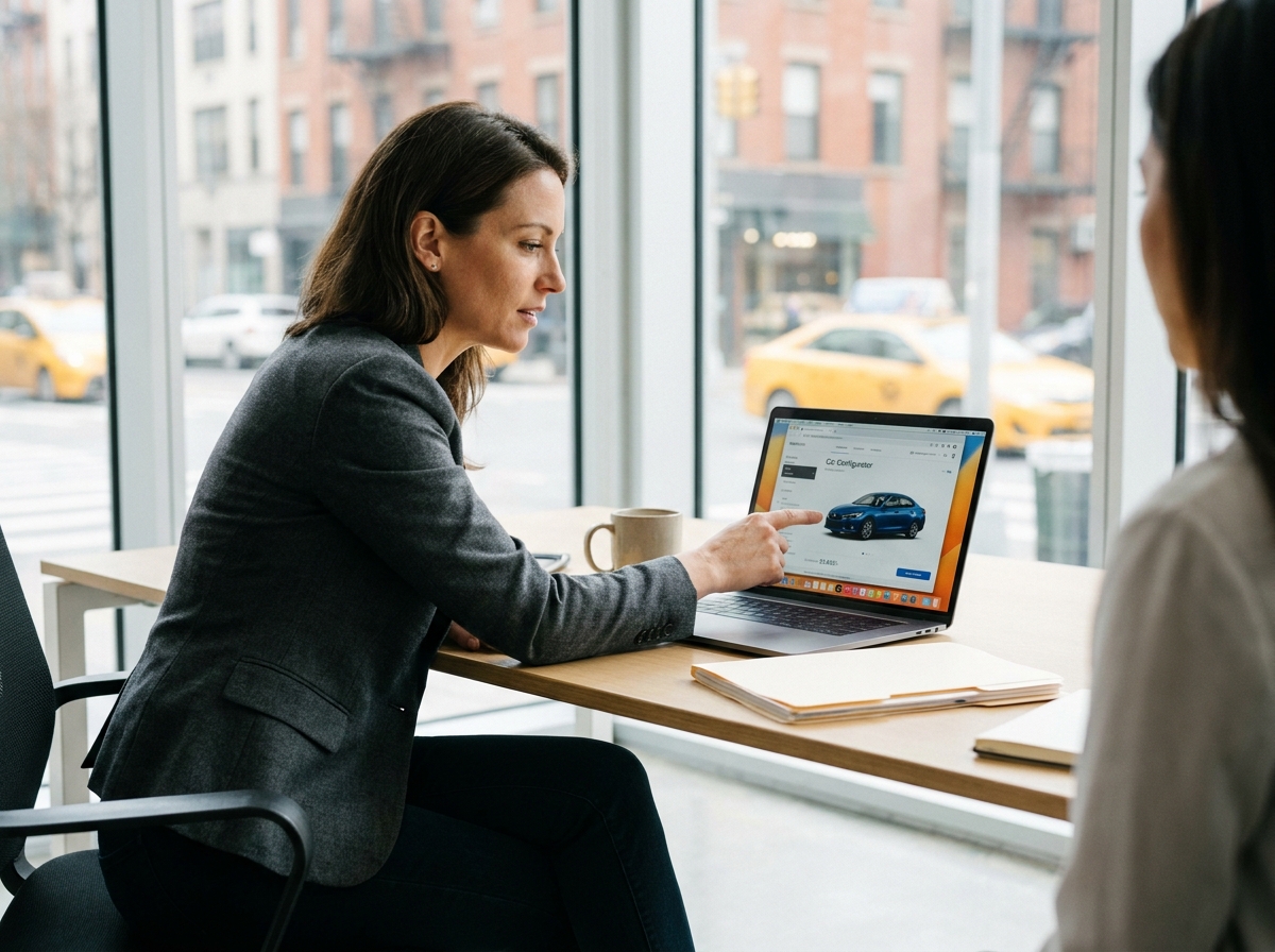 Conseillère mandataire auto en consultation sur ordinateur pour achat de véhicule neuf à prix réduit