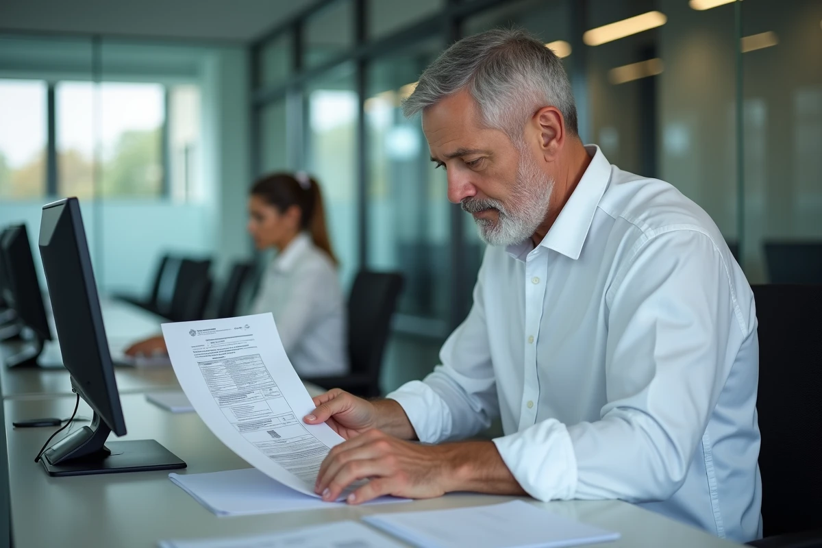 Homme consultant des documents officiels pour le résultat de son permis de conduire dans une administration publique
