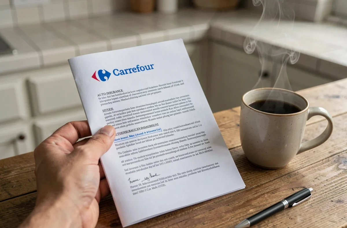 Gros plan sur un contrat d'assurance auto Carrefour posé sur une table de cuisine avec un café