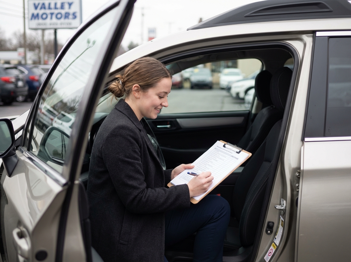 Femme v&eacute;rifiant une checklist dans sa voiture