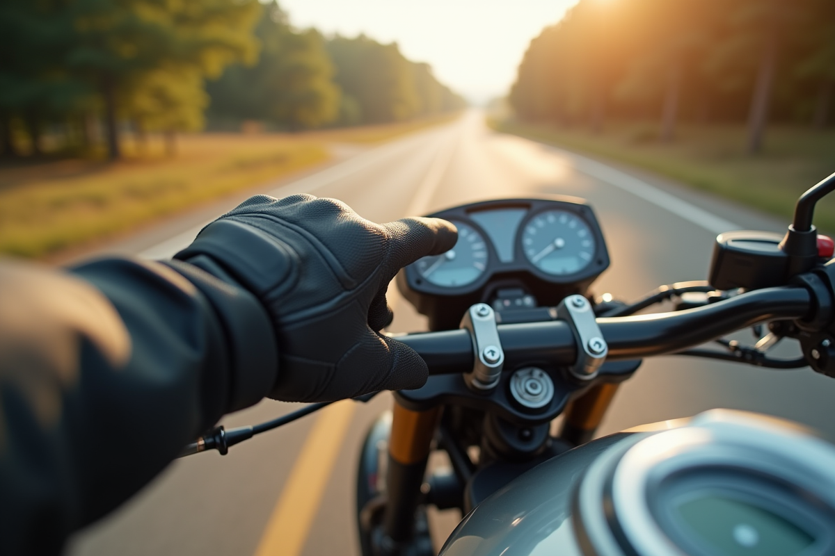 Gant sur la poignée de moto pointant le frein lors d