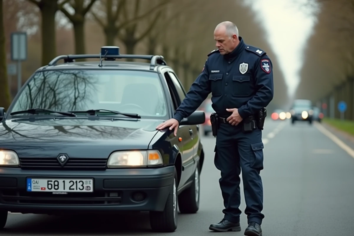 Agent de police français inspectant une plaque d'immatriculation noire sur un véhicule lors d'un contrôle routier en banlieue