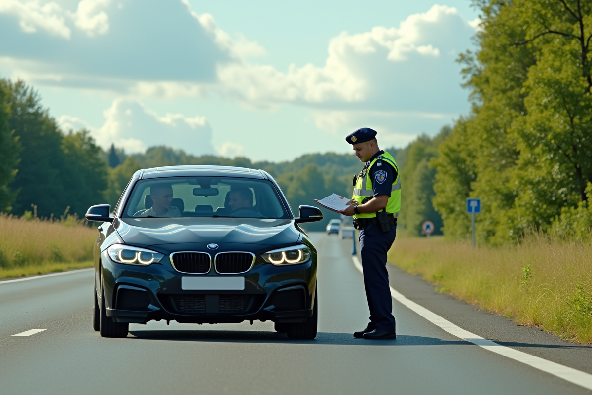Contrôle de police sur une route de campagne avec un conducteur et un agent