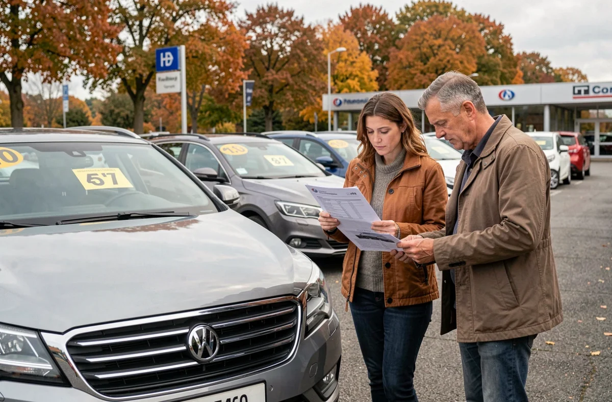 Couple examinant un véhicule d'occasion sur le parking du concessionnaire Autopolis Luxembourg en automne