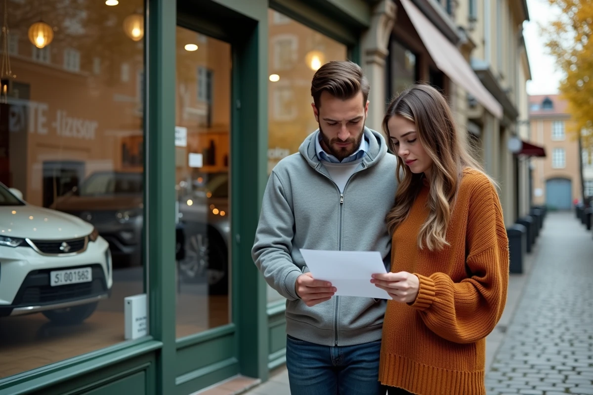 Couple de jeunes adultes consultant des documents devant une concession de véhicules d'occasion en ville