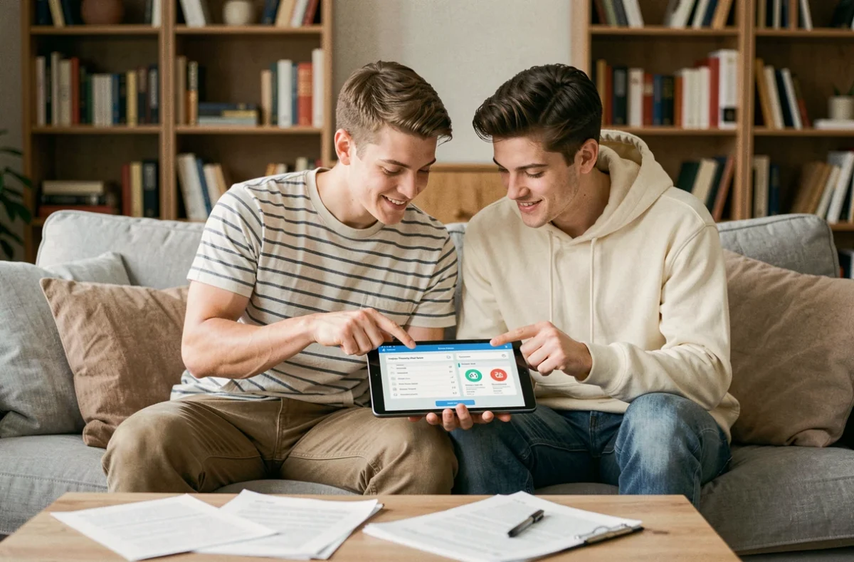 Couple consultant des offres d'assurance auto mensuelle sur tablette dans leur salon