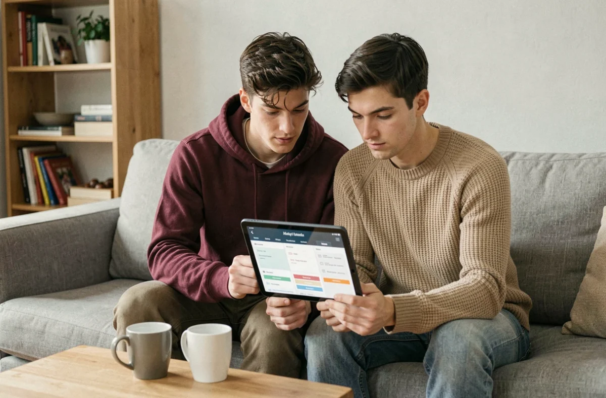 Jeune couple comparant des offres d'assurance automobile sur tablette dans leur salon