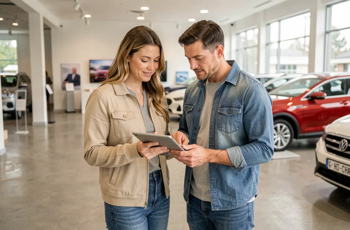Couple discutant des garanties d'assurance voiture sur une tablette dans un showroom automobile moderne