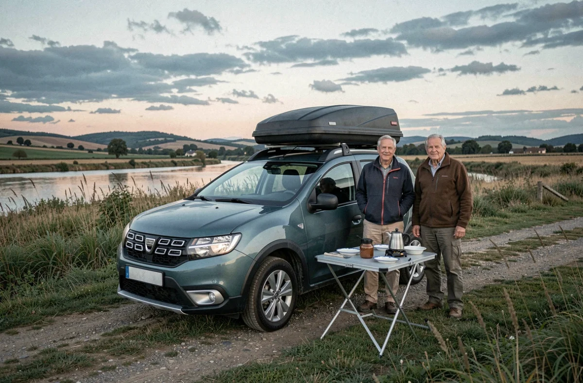 Couple en road trip longue durée avec une Dacia aménagée garée au bord d'une rivière dans la campagne française
