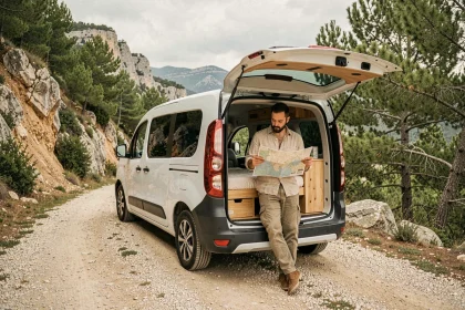 Un homme en road trip longue durée avec une Dacia Jogger aménagée en mini camping car, garée au bord d'une route de montagne en France