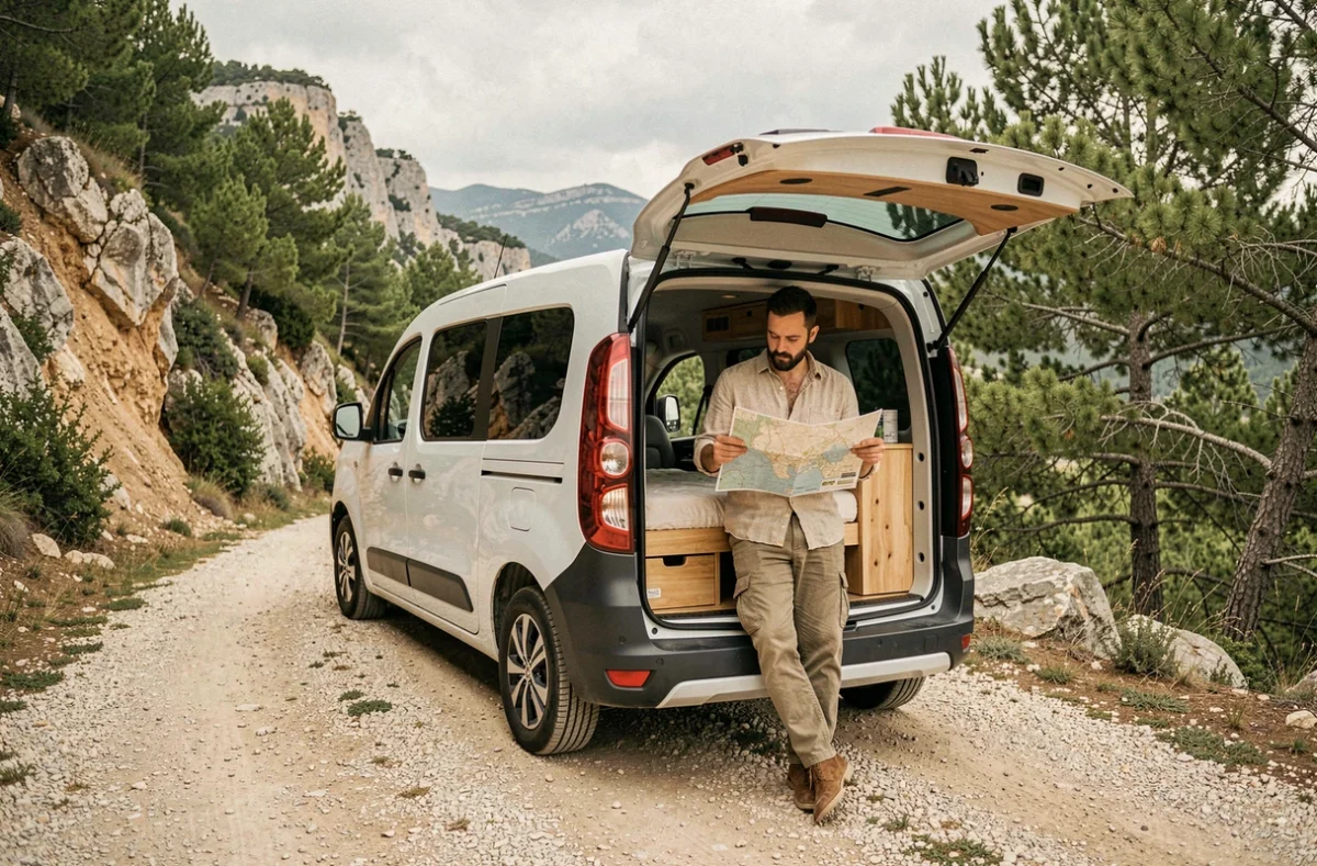 Un homme en road trip longue durée avec une Dacia Jogger aménagée en mini camping car, garée au bord d'une route de montagne en France