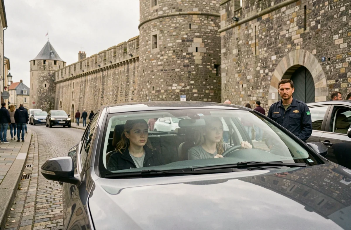 Élève de David Conduite conduisant une voiture-école dans les rues historiques de Saint-Malo avec les remparts en arrière-plan
