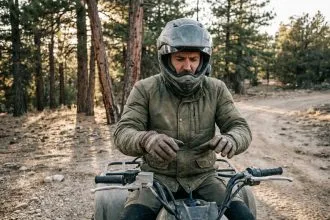 Motard débutant en quad sur un chemin de terre forestier, regardant les commandes avec hésitation lors de sa première sortie