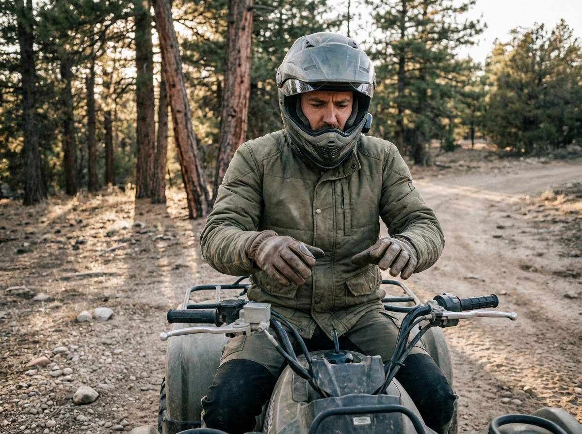 Motard débutant en quad sur un chemin de terre forestier, regardant les commandes avec hésitation lors de sa première sortie